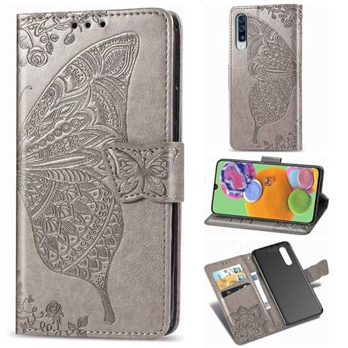 Embossing Mandala Flower Butterfly Leather Wallet Case for Samsung Galaxy A90 5G - Gray