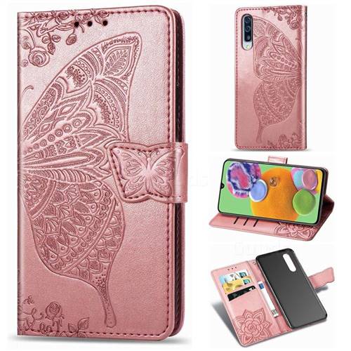Embossing Mandala Flower Butterfly Leather Wallet Case for Samsung Galaxy A90 5G - Rose Gold