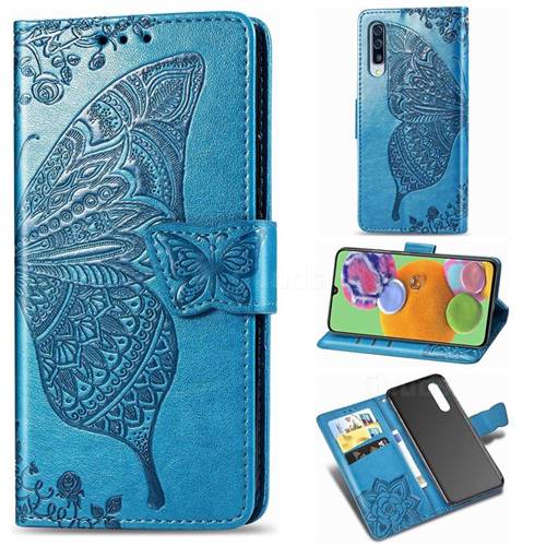 Embossing Mandala Flower Butterfly Leather Wallet Case for Samsung Galaxy A90 5G - Blue