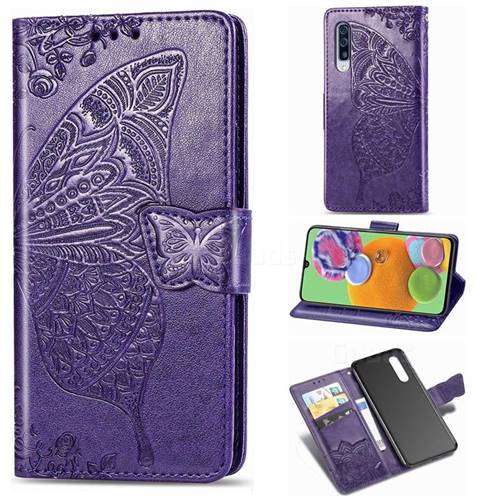Embossing Mandala Flower Butterfly Leather Wallet Case for Samsung Galaxy A90 5G - Dark Purple