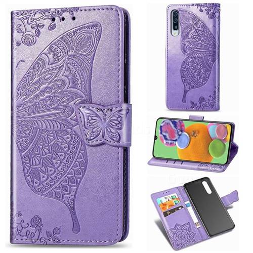 Embossing Mandala Flower Butterfly Leather Wallet Case for Samsung Galaxy A90 5G - Light Purple