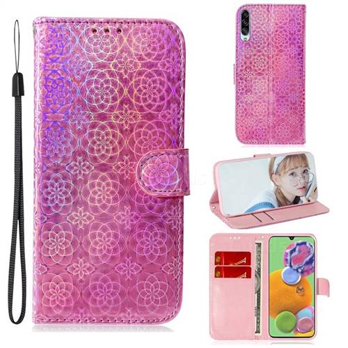 Laser Circle Shining Leather Wallet Phone Case for Samsung Galaxy A90 5G - Pink