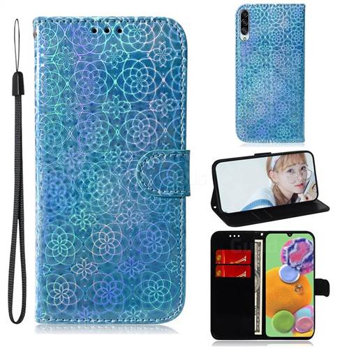 Laser Circle Shining Leather Wallet Phone Case for Samsung Galaxy A90 5G - Blue