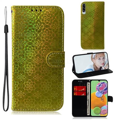 Laser Circle Shining Leather Wallet Phone Case for Samsung Galaxy A90 5G - Golden