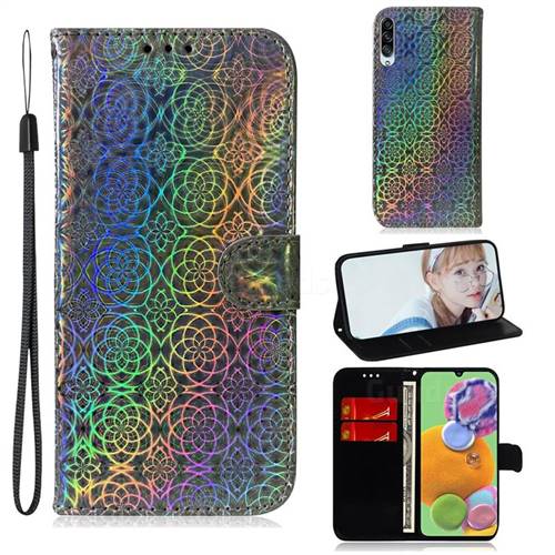 Laser Circle Shining Leather Wallet Phone Case for Samsung Galaxy A90 5G - Silver