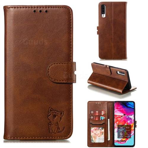Embossing Happy Cat Leather Wallet Case for Samsung Galaxy A90 5G - Brown