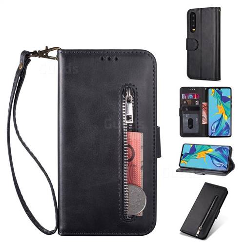 Retro Calfskin Zipper Leather Wallet Case Cover for Samsung Galaxy A90 5G - Black
