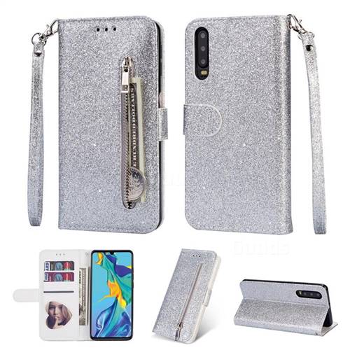 Glitter Shine Leather Zipper Wallet Phone Case for Samsung Galaxy A90 5G - Silver
