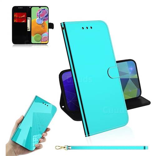 Shining Mirror Like Surface Leather Wallet Case for Samsung Galaxy A90 5G - Mint Green