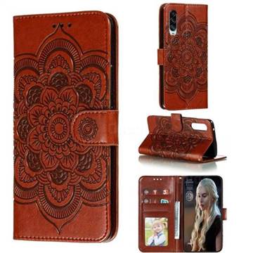 Intricate Embossing Datura Solar Leather Wallet Case for Samsung Galaxy A90 5G - Brown