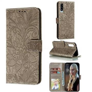 Intricate Embossing Lace Jasmine Flower Leather Wallet Case for Samsung Galaxy A90 5G - Gray