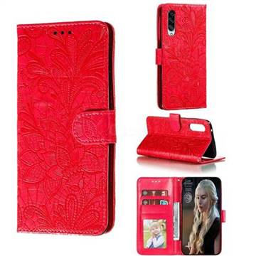 Intricate Embossing Lace Jasmine Flower Leather Wallet Case for Samsung Galaxy A90 5G - Red
