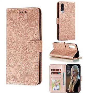 Intricate Embossing Lace Jasmine Flower Leather Wallet Case for Samsung Galaxy A90 5G - Rose Gold