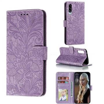Intricate Embossing Lace Jasmine Flower Leather Wallet Case for Samsung Galaxy A90 5G - Purple