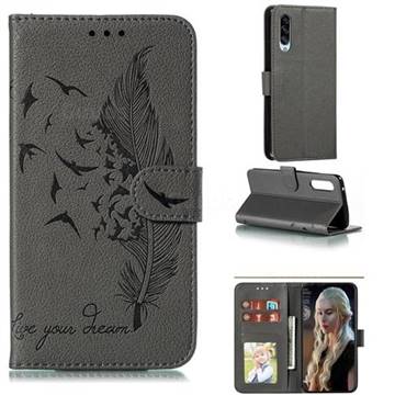 Intricate Embossing Lychee Feather Bird Leather Wallet Case for Samsung Galaxy A90 5G - Gray