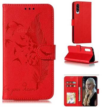 Intricate Embossing Lychee Feather Bird Leather Wallet Case for Samsung Galaxy A90 5G - Red