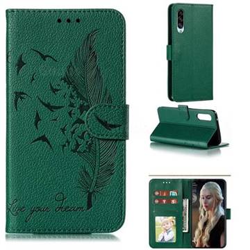 Intricate Embossing Lychee Feather Bird Leather Wallet Case for Samsung Galaxy A90 5G - Green