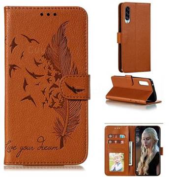 Intricate Embossing Lychee Feather Bird Leather Wallet Case for Samsung Galaxy A90 5G - Brown
