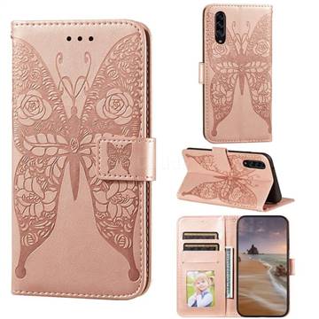 Intricate Embossing Rose Flower Butterfly Leather Wallet Case for Samsung Galaxy A90 5G - Rose Gold