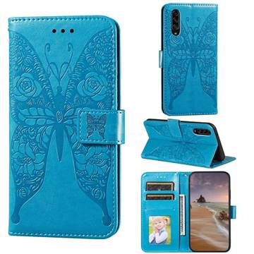 Intricate Embossing Rose Flower Butterfly Leather Wallet Case for Samsung Galaxy A90 5G - Blue