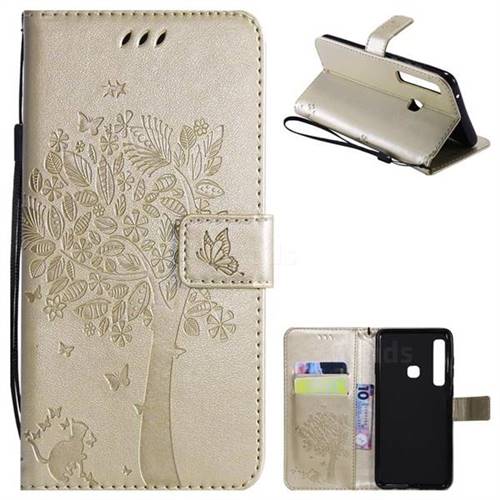 Embossing Butterfly Tree Leather Wallet Case for Samsung Galaxy A9 (2018) / A9 Star Pro / A9s - Champagne