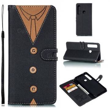 Mens Button Clothing Style Leather Wallet Phone Case for Samsung Galaxy A9 (2018) / A9 Star Pro / A9s - Black
