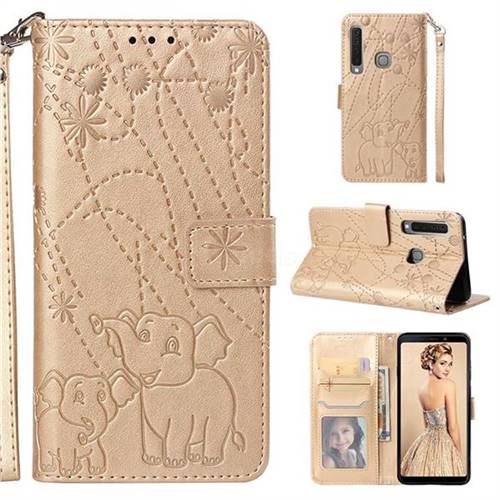 Embossing Fireworks Elephant Leather Wallet Case for Samsung Galaxy A9 (2018) / A9 Star Pro / A9s - Golden