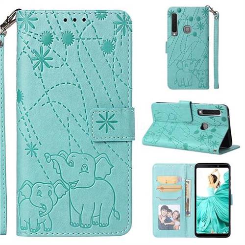 Embossing Fireworks Elephant Leather Wallet Case for Samsung Galaxy A9 (2018) / A9 Star Pro / A9s - Green