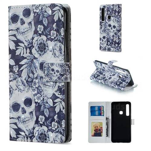 Skull Flower 3D Painted Leather Phone Wallet Case for Samsung Galaxy A9 (2018) / A9 Star Pro / A9s