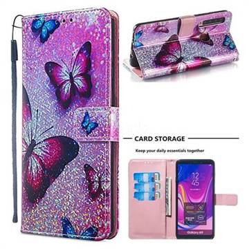 Blue Butterfly Sequins Painted Leather Wallet Case for Samsung Galaxy A9 (2018) / A9 Star Pro / A9s