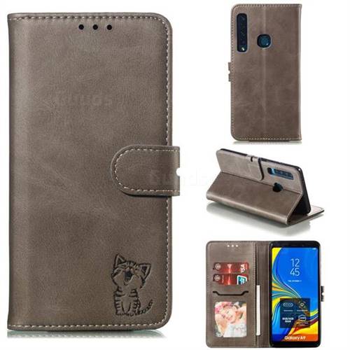 Embossing Happy Cat Leather Wallet Case for Samsung Galaxy A9 (2018) / A9 Star Pro / A9s - Gray