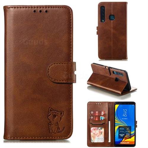 Embossing Happy Cat Leather Wallet Case for Samsung Galaxy A9 (2018) / A9 Star Pro / A9s - Brown