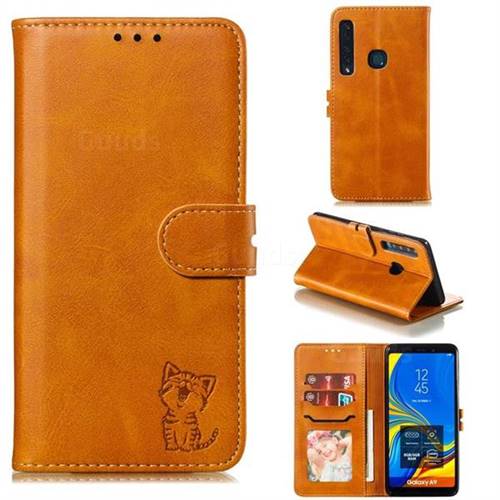Embossing Happy Cat Leather Wallet Case for Samsung Galaxy A9 (2018) / A9 Star Pro / A9s - Yellow