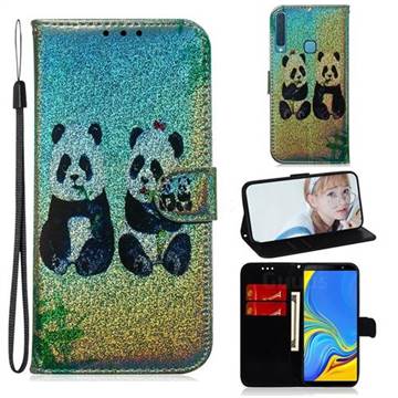 Two Pandas Laser Shining Leather Wallet Phone Case for Samsung Galaxy A9 (2018) / A9 Star Pro / A9s
