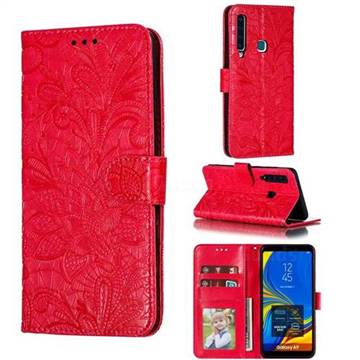 Intricate Embossing Lace Jasmine Flower Leather Wallet Case for Samsung Galaxy A9 (2018) / A9 Star Pro / A9s - Red