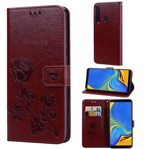 Embossing Rose Flower Leather Wallet Case for Samsung Galaxy A9 (2018) / A9 Star Pro / A9s - Brown