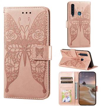 Intricate Embossing Rose Flower Butterfly Leather Wallet Case for Samsung Galaxy A9 (2018) / A9 Star Pro / A9s - Rose Gold