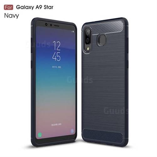 Luxury Carbon Fiber Brushed Wire Drawing Silicone TPU Back Cover for Samsung Galaxy A8 Star (A9 Star) - Navy