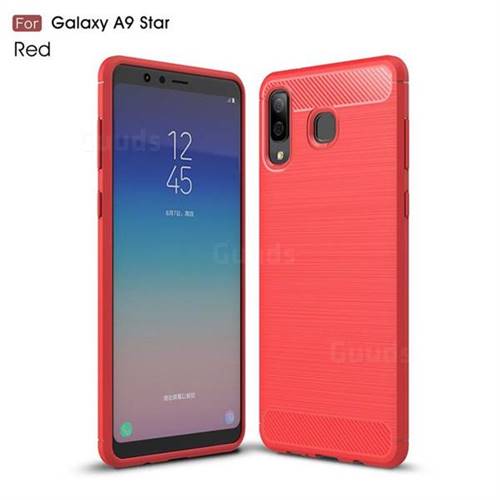 Luxury Carbon Fiber Brushed Wire Drawing Silicone TPU Back Cover for Samsung Galaxy A8 Star (A9 Star) - Red