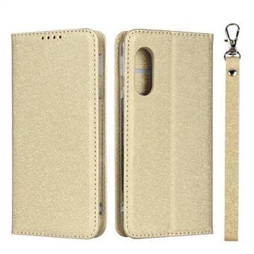 Ultra Slim Magnetic Automatic Suction Silk Lanyard Leather Flip Cover for Sharp AQUOS sense3 Lite SH-RM12 - Golden