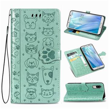 Embossing Dog Paw Kitten and Puppy Leather Wallet Case for Sharp AQUOS sense3 Lite SH-RM12 - Green