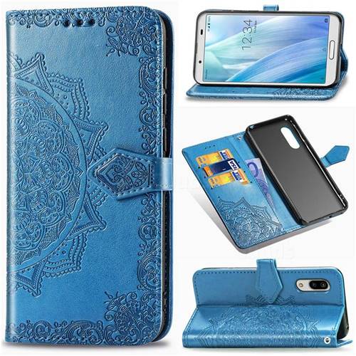 Embossing Imprint Mandala Flower Leather Wallet Case for Sharp AQUOS sense3 Plus SHV46 - Blue