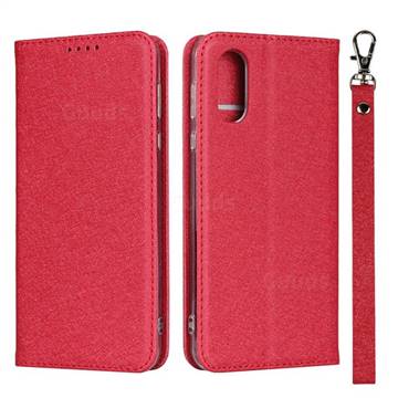 Ultra Slim Magnetic Automatic Suction Silk Lanyard Leather Flip Cover for Sharp AQUOS sense3 Plus SHV46 - Red