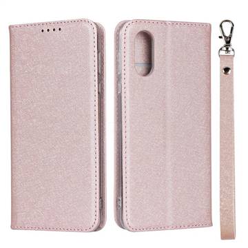 Ultra Slim Magnetic Automatic Suction Silk Lanyard Leather Flip Cover for Sharp AQUOS sense3 Plus SHV46 - Rose Gold