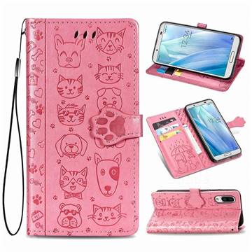Embossing Dog Paw Kitten and Puppy Leather Wallet Case for Sharp AQUOS sense3 Plus SHV46 - Pink