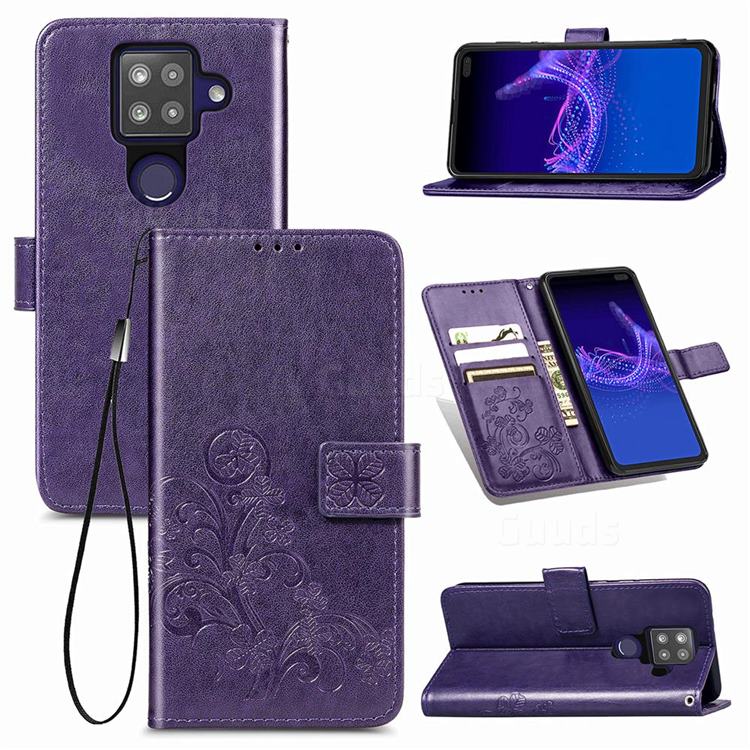Embossing Imprint Four-Leaf Clover Leather Wallet Case for Sharp AQUOS sense4 Plus - Purple