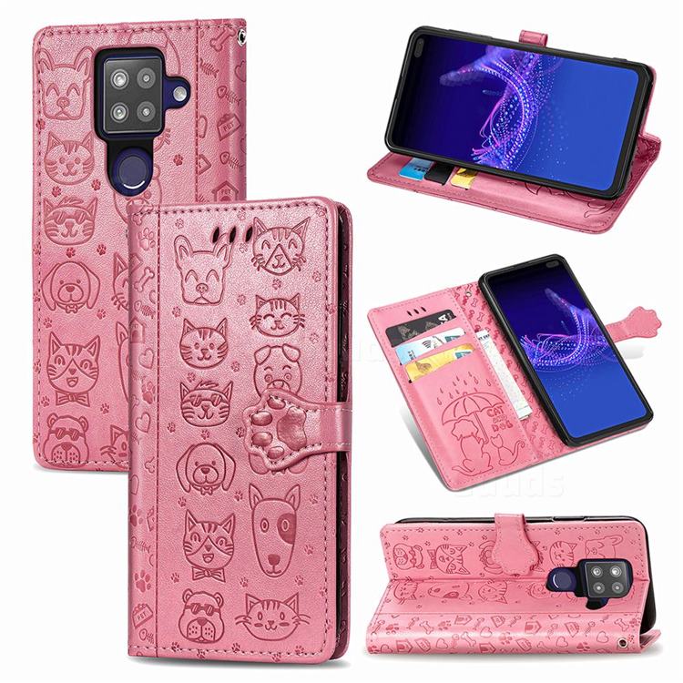 Embossing Dog Paw Kitten and Puppy Leather Wallet Case for Sharp AQUOS sense4 Plus - Pink