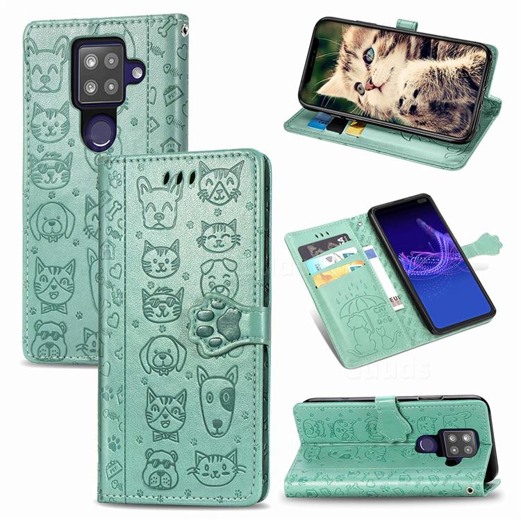 Embossing Dog Paw Kitten and Puppy Leather Wallet Case for Sharp AQUOS sense4 Plus - Green