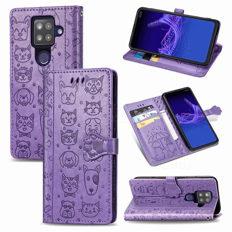 Embossing Dog Paw Kitten and Puppy Leather Wallet Case for Sharp AQUOS sense4 Plus - Purple