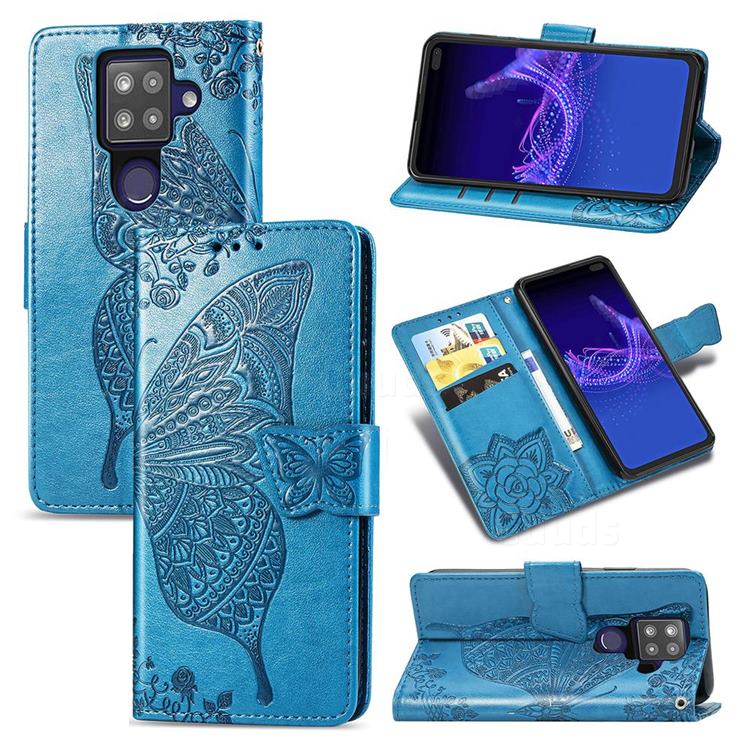 Embossing Mandala Flower Butterfly Leather Wallet Case for Sharp AQUOS sense4 Plus - Blue